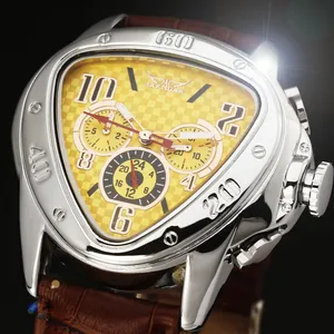 Close-up of Jaragar men's triangle mechanical watch with yellow checkerboard dial.