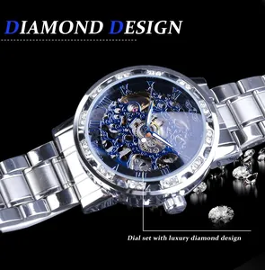 Detailed view of the Winner men's skeleton mechanical watch with luxury rhinestone dial design