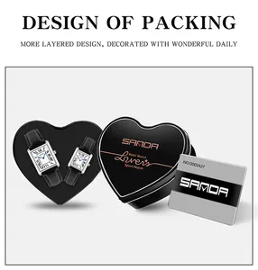 Sanda couple's quartz watch set in a heart-shaped gift box with a warranty card