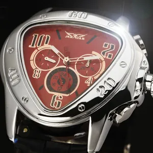 Detailed close-up showing the red dial of a men's triangular automatic mechanical watch