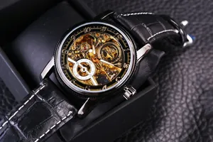 Detailed macro view of Forsining men's skeleton automatic mechanical watch with gold gears
