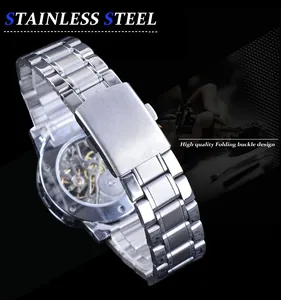 Close-up of Winner men's mechanical watch stainless steel strap and folding buckle detail