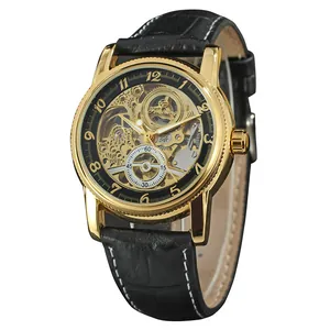 Close-up of Forsining men's automatic watch with gold skeleton dial and leather strap