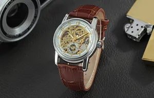Detail of Forsining men's automatic mechanical skeleton watch with brown leather strap