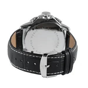 Detailed view of JARAGAR automatic watch case back and black leather strap buckle.