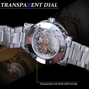 Close-up of the transparent skeleton case back on a Winner men's mechanical watch.