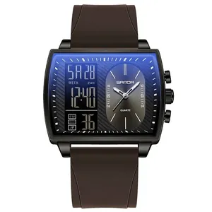 SANDA Montre de Sport pour Homme Grand Cadran Carré Double Affichage Quartz Numérique Étanche Bracelet en Silicone Affaires