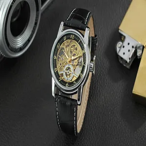 Detail of Forsining men's automatic mechanical watch with skeleton dial and leather strap