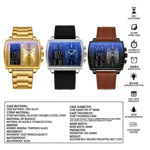 Montre multifonction SAMDA pour hommes, affichage double, étanche 3ATM, grand cadran carré