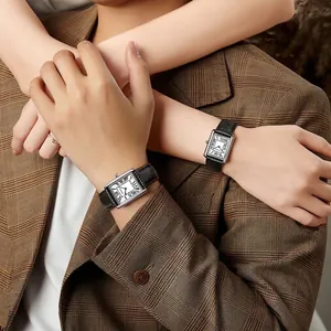 Elegant SANDA couple's quartz watches with Roman numerals and black leather straps