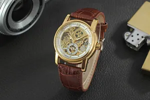 Detailed view of Forsining men's skeleton automatic mechanical watch with gold case
