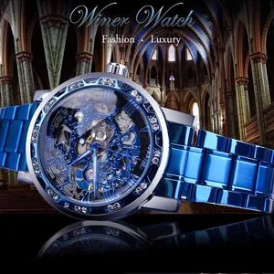 Montre mécanique manuelle squelette bleue Winner pour homme avec strass étincelants