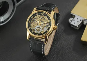 Close-up detail of Forsining men's skeleton automatic mechanical watch with gold case