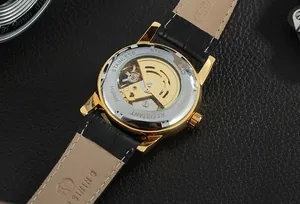 Detailed macro view of Forsining automatic mechanical watch back with golden movement