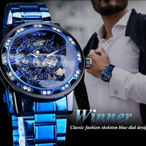 Montre mécanique classique Winner pour hommes avec cadran bleu squelette et strass