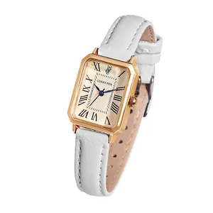 LUCKY FOX vintage rectangular women's quartz watch with white leather strap