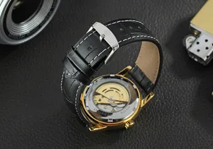 Macro detail of Forsining men's automatic watch movement and black leather strap