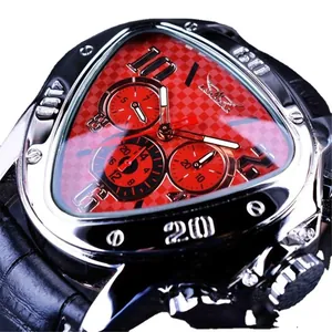 Men's fashion triangular automatic mechanical watch with red checkered dial and leather strap
