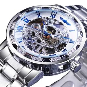 Men's Winner classic silver skeleton mechanical watch with blue Roman numerals