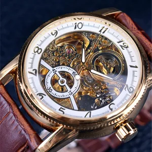 Men Skeleton Automatic Mechanical Watch Hollow Dial Alloy Case Luxury Leather Strap Business Casual Wristwatch No Battery Required