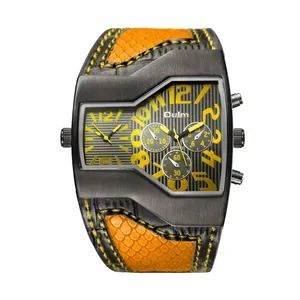 Orologio al quarzo Oulm da uomo con doppio fuso orario e cinturino in pelle arancione