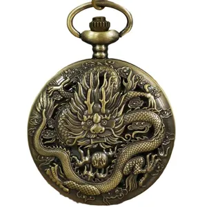 Vintage Quarz-Taschenuhr aus Bronze mit einer aufwendigen 3D-Drachenrelief-Schnitzerei