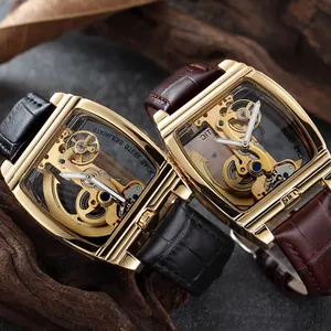 Montre Mécanique Automatique pour Hommes Mouvement à Pont Squelette Bracelet en Cuir Boîtier Rectangulaire Business Casual