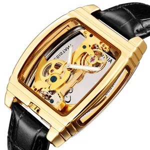 Montre mécanique automatique squelette luxe avec boîtier doré et bracelet cuir noir