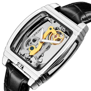 Montre mécanique squelette de luxe avec boîtier rectangulaire argenté et cuir noir