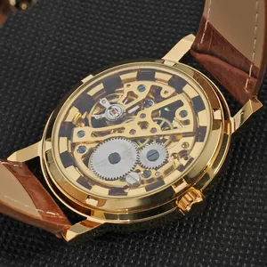 Exquisite macro detail showing the internal gears of a skeleton mechanical watch movement.