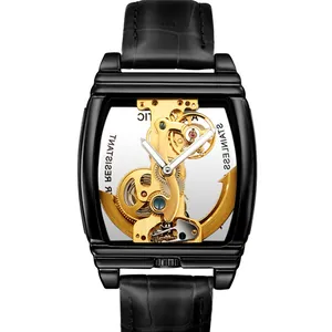 Élégante montre mécanique squelette automatique pour homme avec bracelet en cuir