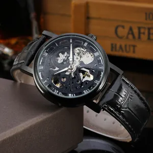 Close-up detail of T-Winner luxury skeleton mechanical watch with black leather strap