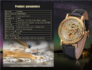 Macro view and technical parameters of the T-Winner gold skeleton mechanical watch.
