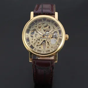 Macro view of T-Winner skeleton mechanical watch dial with intricate golden movement