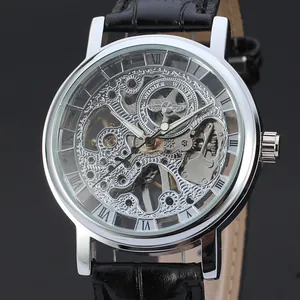 Macro detail of T-Winner skeleton mechanical watch with silver case and black leather strap