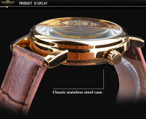 Detail view of gold stainless steel case and crown of a T-Winner skeleton mechanical watch