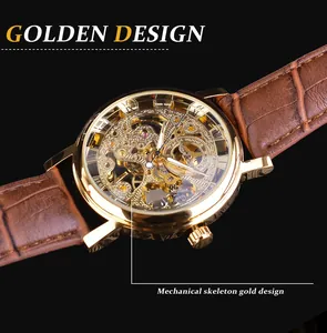 Macro close-up detail of T-Winner golden mechanical skeleton watch with leather strap