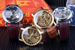 Macro detailed view of T-Winner skeleton mechanical watches featuring leather straps.