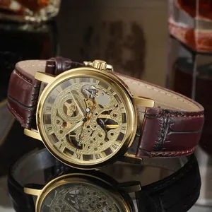 Luxuriöse T-Winner Skelett Mechanikuhr für Herren und Damen mit braunem Lederarmband