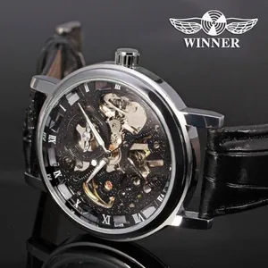 T-Winner automatic skeleton mechanical watch with black leather strap and silver case