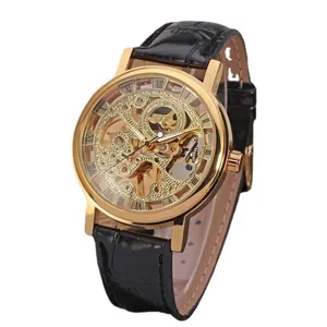 Luxury T-Winner gold skeleton mechanical watch with black leather strap and Roman numerals