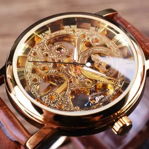 Luxury Skeleton Mechanical Watch Men Women Hollow Automatic Alloy Case Faux Leather Strap Roman Numeral Business Wristwatch