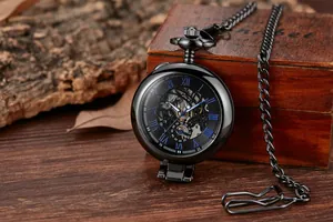Montre à gousset mécanique squelette vintage avec chiffres romains bleus sur bois