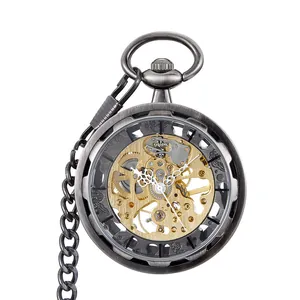 Montre à gousset mécanique squelette vintage avec mouvement doré et boîtier gris