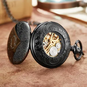 Détail d'une montre à gousset mécanique automatique noire vintage avec engrenages visibles.