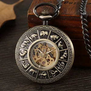 Detailansicht einer bronzenen automatischen mechanischen Taschenuhr mit Tierkreiszeichen