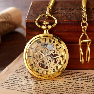 Montre de poche mécanique squelette rétro dorée avec chaîne et boîte en bois vintage
