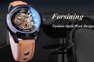 Vue détaillée de la montre automatique squelette Forsining avec bracelet en cuir.