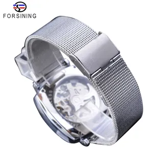 Montre automatique Forsining pour hommes, squelette avec bracelet en maille argentée
