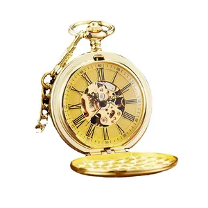 Montre à gousset mécanique dorée rétro avec cadran squelette et chiffres romains